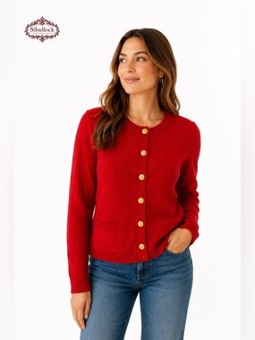 Talbots Vintage Red Merino Wool Cardigan Sweater Gold Button Hong Kong Medium
